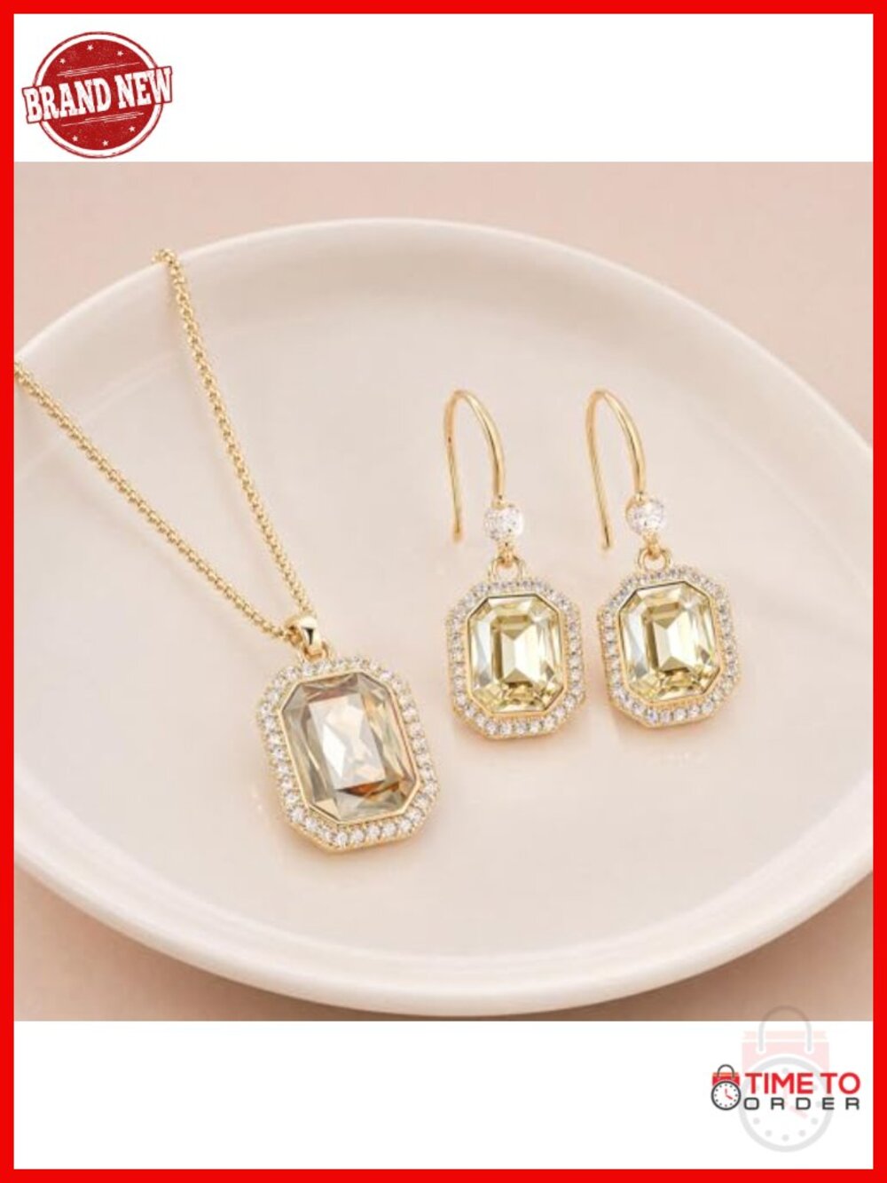 14K Gold-Plated Octagon Austrian Crystal Necklace and Earrings Set with CZ Halo - Picture 2 of 6